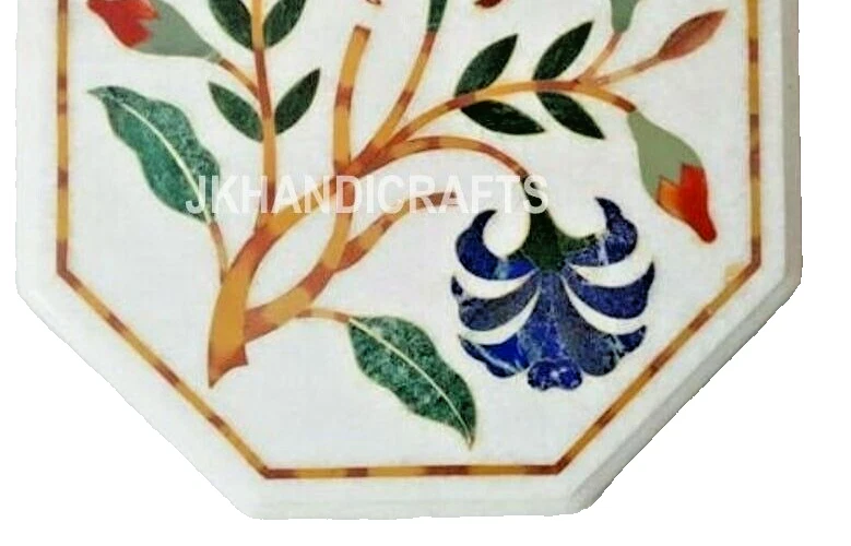Marble Table Floral Semiprecious Inlay Work Home Decor Gift 18" Octagonal - Image 3 of 4
