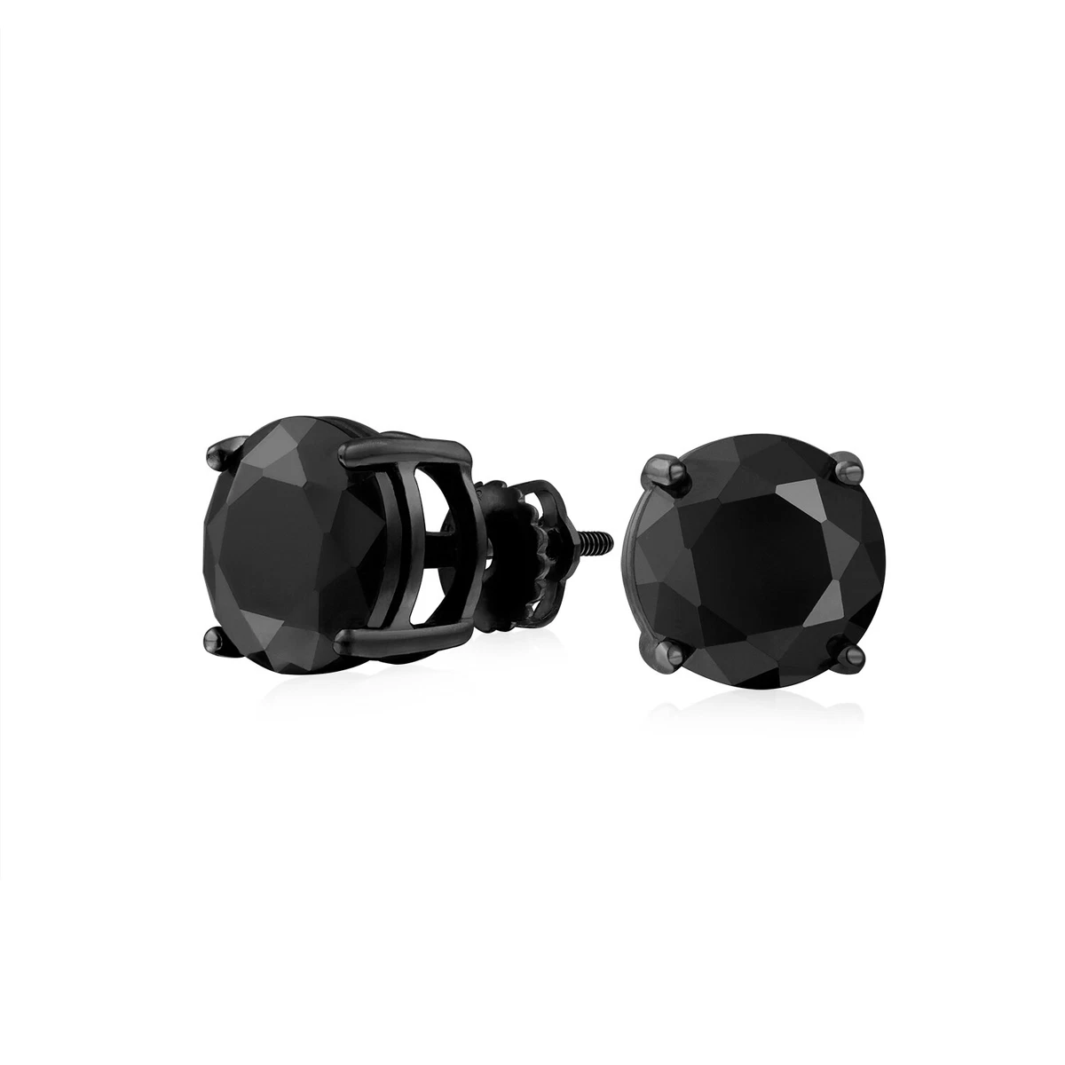 Black Round CZ Stud Earrings Screw Back Black Plated Sterling