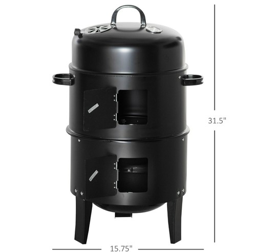 Vertical Charcoal BBQ Smoker, 3-in-1 16" Round Charcoal Barbecue Grill with 2... - Picture 3 of 9