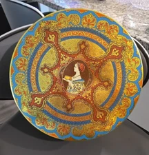 Vintage Hostess Fruit Cake Button Tin Continental Baking GOLD BLUE RED 10"X3.5"