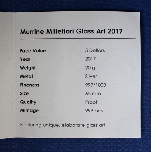 2017 Cook Is 20g Silver Proof $5 "Murinne Millefiori Glass Art" in Case with COA - Picture 4 of 5