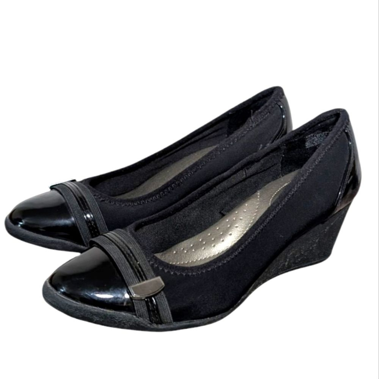 Time And Tru Black Wedge Dress Shoes Faux Patent Leather Toe Cap Size 7.5