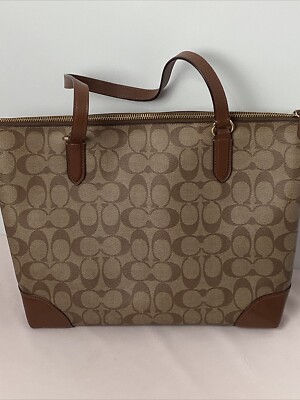COACH F29208 ZIP TOP TOTE IN SIGNATURE COATED CANVAS KHAKI/SADDLE
