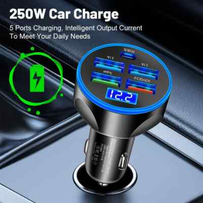 Car Fast Phone Charger - 250W 5 Ports - 4 USB A + 1 PD USB C