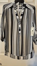 TACERA BLACK AND WHITE STRIPED SHEER BLOUSE SZ SMALL