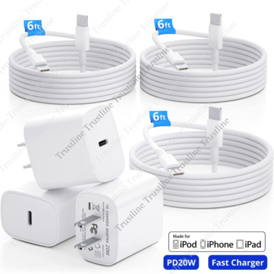 3Pack 20W USB-C PD Fast Charger Power Adapter Cable 6Ft For iPhone 14 13 12 11 8