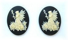 2 IVORY color FAIRY & ROSES Flowers on BLACK 40mm x 30mm Costume Jewelry CAMEOS