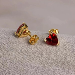 Authentic 2Ct Heart Cut Lab Created Garnet Solitaire Stud Earrings 14K Yellow Gold Plated