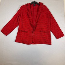 Worthington Red Tweed Fringe Open Front Blazer XXL Frayed Trim Professional