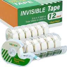 Invisible Tape, 12 Dispensered Rolls, 3/4 x1000 x 1000 inches, clear