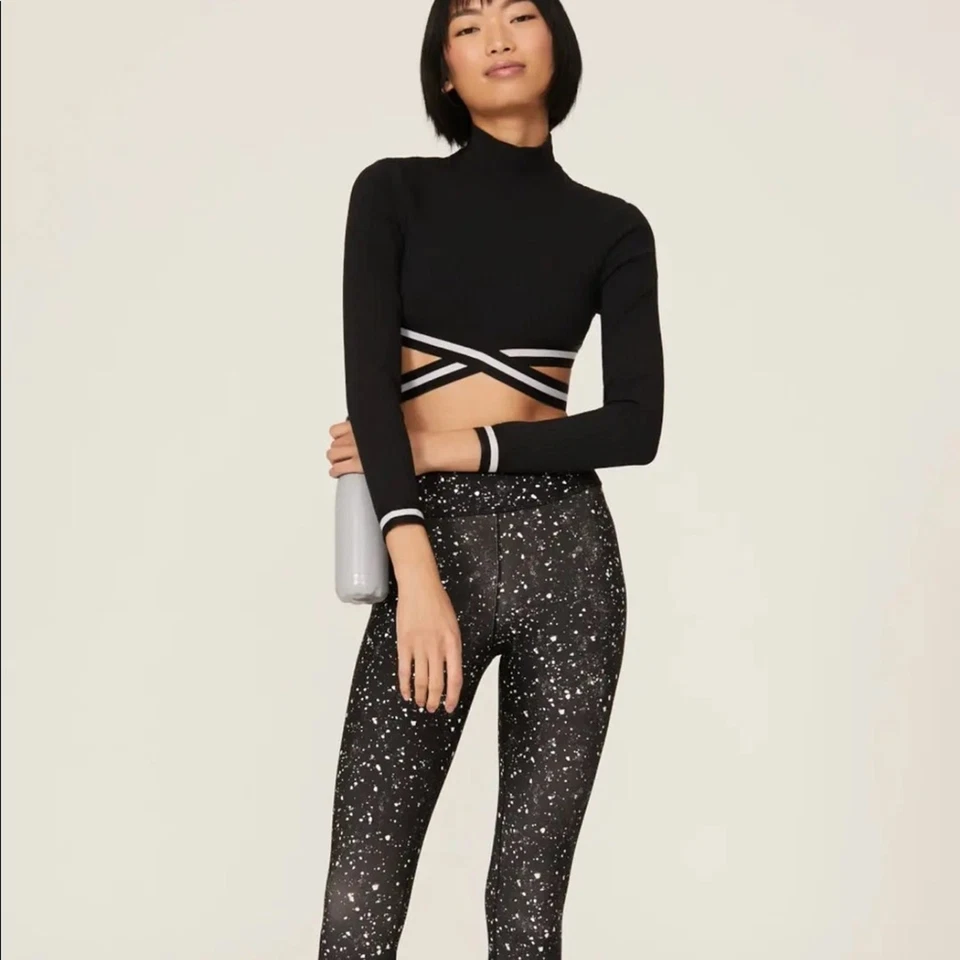 MICHI Black White Apex Ribbed cropped mock neck striped straps cutout Top SMALL - Image 2 of 4