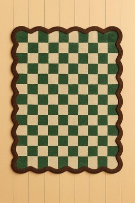 100% NZ Wool Hand Tufted Checkerboard Rug Green Cream Scalloped Modern Living Ro