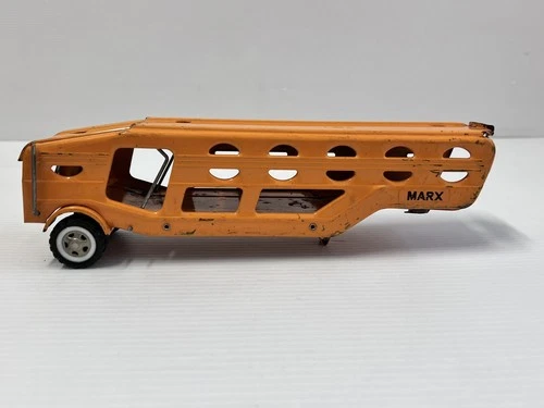 Vintage Marx Toy 11" Car Transport Carrier Hauler Trailer Japan Orange w/ Lift