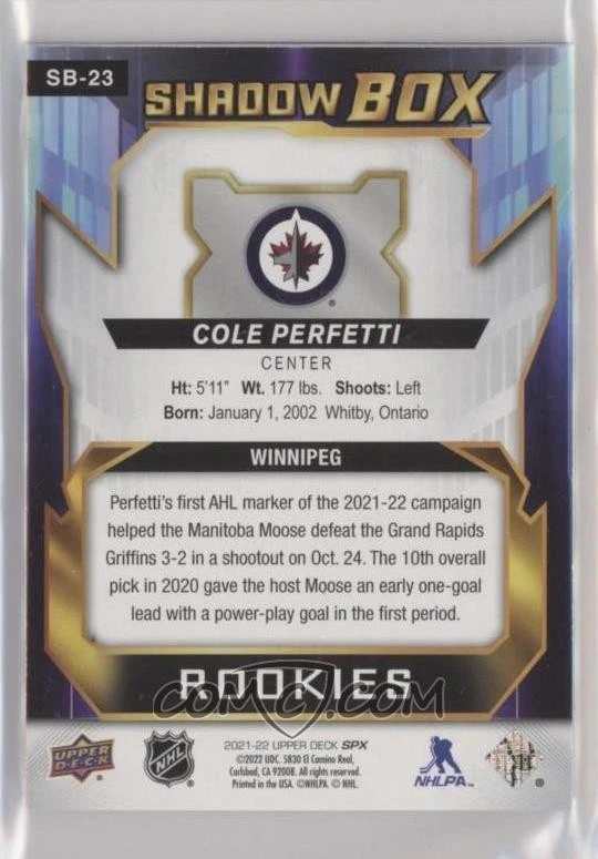 COLE PERFETTI 2021/22 SPx Shadow Box ROOKIE #SB-23 Winnipeg Jets rc - Image 2 of 4
