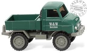 Wiking 037107 H0 1:87 - camion Unimog U 411 W&W di colore verde scuro con casson | Zustand: Nuovo
