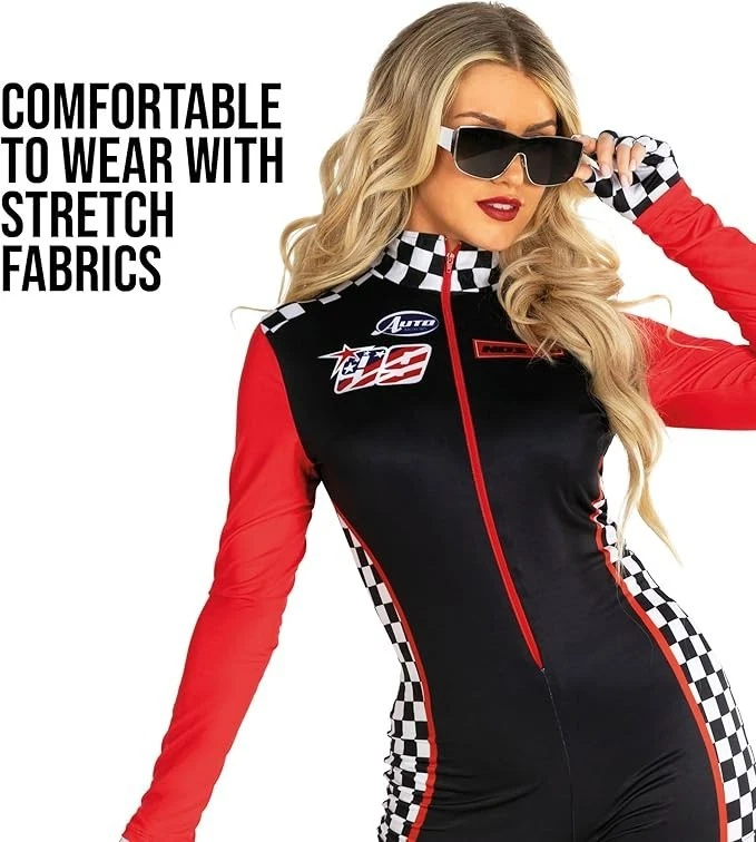 Women`s Sexy Race Car Driver Costume Super Car Racer Racing Jumpsuit Flag S-3XL - Image 3 of 4