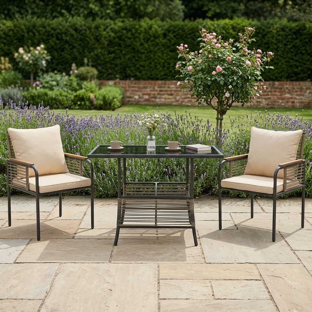 Rattan Garden Bistro Set 3pcs Table Chairs Cushioned Outdoor Patio Furniture Set