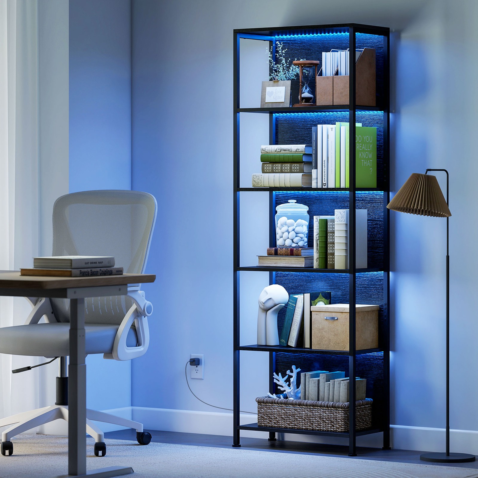 HOMCOM 5-Tier Bookshelf w/ 7-Colour LED Lights, Freestanding Tall Bookcase