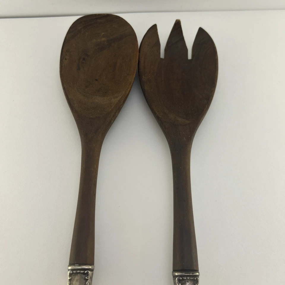 Juego de ensalada de 2 piezas de reemplazo de tazón de madera de plata esterlina clásico vintage Foto 4 de 4