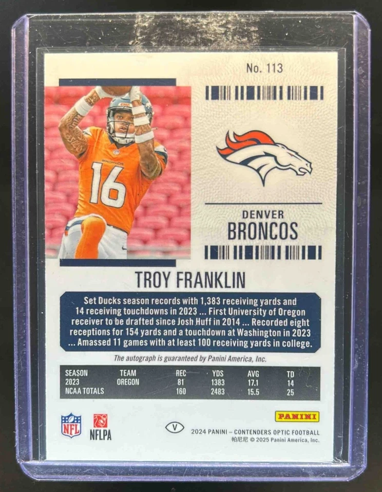 2024 Contenders Optic Troy Franklin Rookie Ticket Auto RC VAR #113b - Image 2 of 2