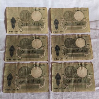 6x Reichskassenschein 10 Mark 1906 Deutsches Kaiserreich mit Seriennummer