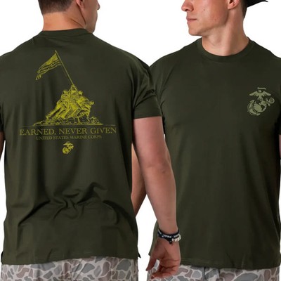 U.S. Marines Earned Never Given T-Shirt, Iwo Jima Flag Raising Graphic 2 Sides