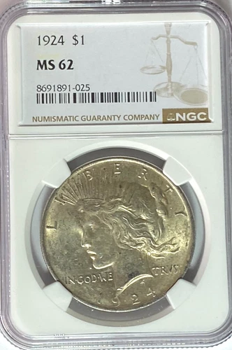 1924 $1 Peace Silver One Dollar US NGC MS62