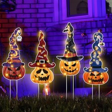 4 Set Halloween Yard Signs, Pumpkin Garden Stakes with Witch Hats Jack O' Lan...