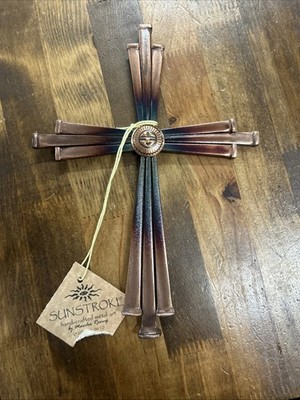 Sunstroke Hand- Crafted Metal Art Copper Railroad Spike Cross By