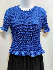 Women's Royal Blue Popcorn Blouse Short Sleeve Expandable Top One Size New