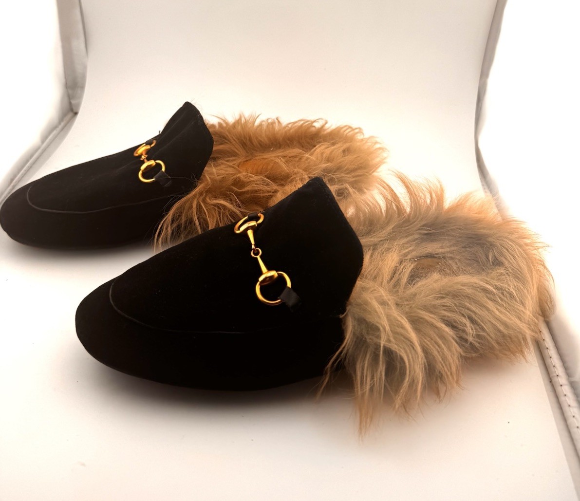 Gucci Princeton Fur Horsebit Mule Slipper Loafers Black Velvet Sz 38  thumbnail 3
