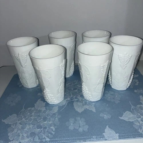 Lot of 6 Vintage Harvest Grape Indiana Glass Co Milk Glass Juice Glasses 6” Tall