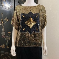 Vintage Sequin 1980  s Disco Blouse, 100 Silk, Beaded Top- Size Medium