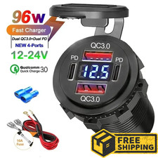 12V-24V PD QC3.0 Dual USB Car Fast Charger Power Socket Outlet LED Voltmeter