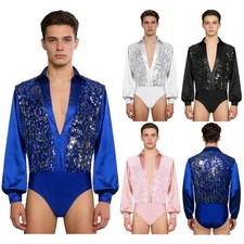 Men's Sequin Dance Leotard Satiny Shirt Long Sleeves Bodysuit for Training Stage