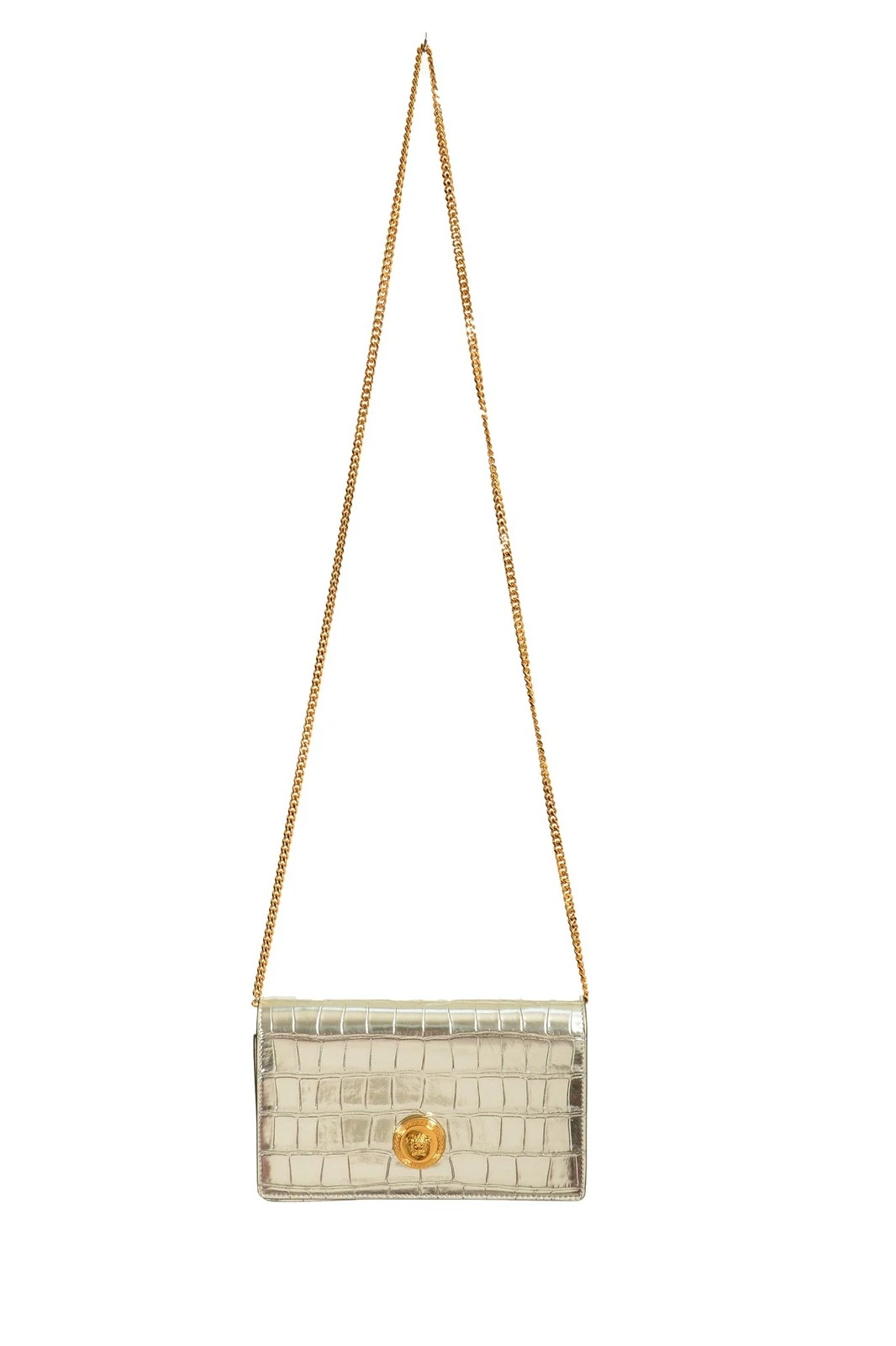 Versace — Versace Silver 100% Leather Croc Print Gold Medusa Chain Clutch Shoulder Bag
