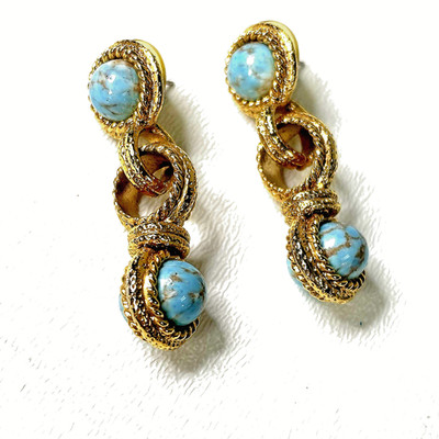 Vtg. Gold Tone Ring & Blue Marbleized Stone Dangling Pierced Earrings