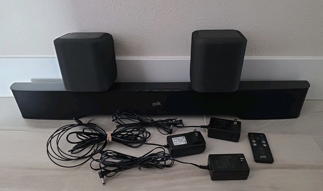 Polk Audio DSB1 Cinema Sound Bar With Cords And Remote, 2 Polk DSR3 Wireless...