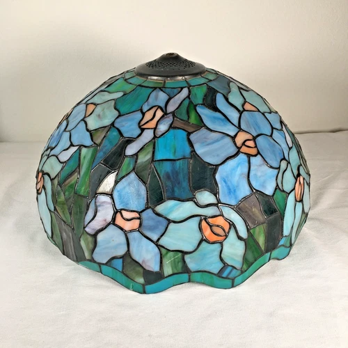 Vintage Tiffany Style Stained Glass Lamp Shade Blue Floral Scalloped Edges 16"