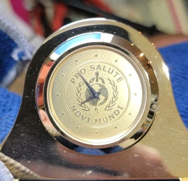 Miniature 2" Gold Tone Plated Desk Clock With Pro Salute Novi Mundi Logo. - Image 4 of 4