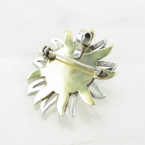 Mexikanische Sterling Silber Brosche Anhänger zweifarbig Sonne, geschnitzter Mondstein - Bild 4 von 6