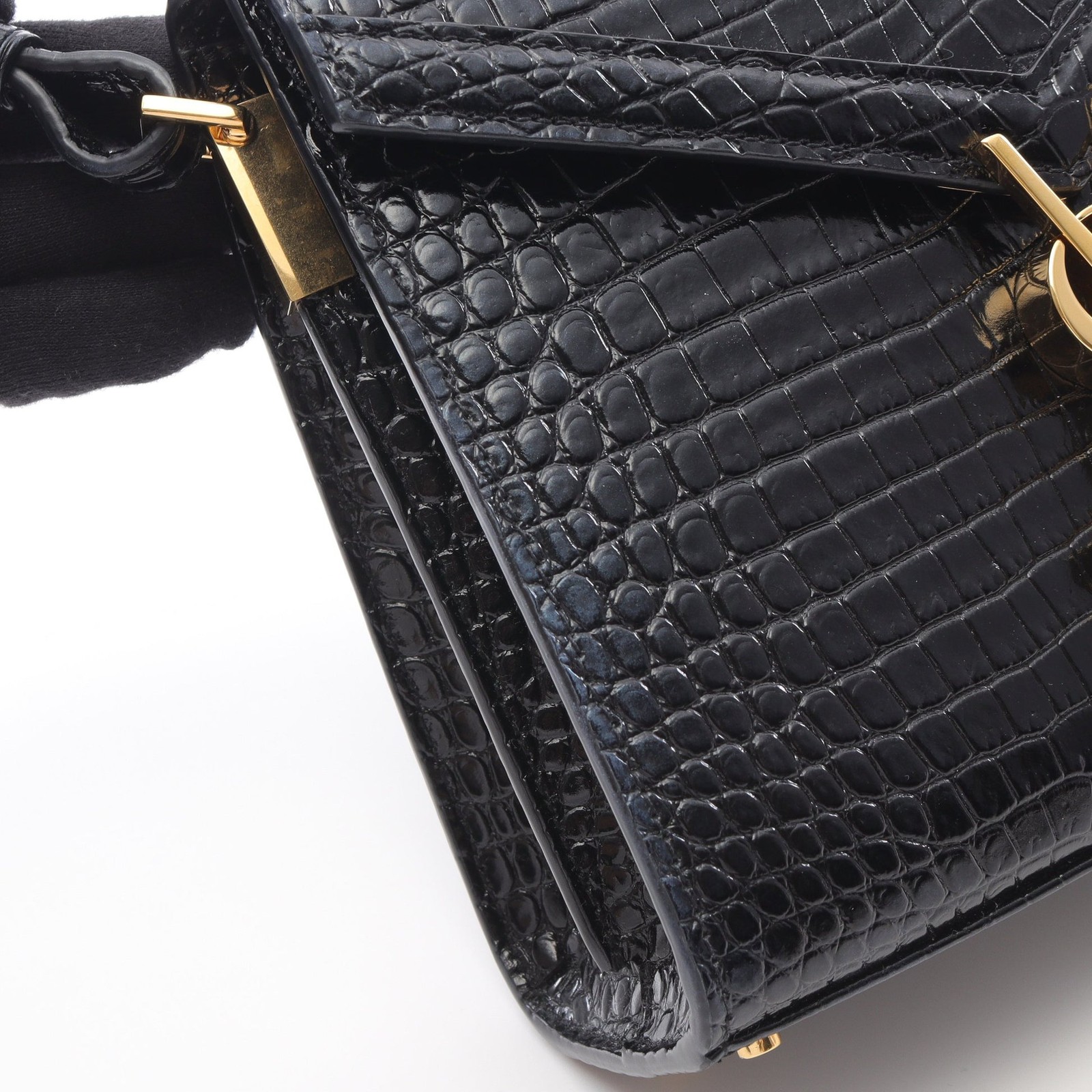 【Borsa】SAINT LAURENT PARIS Cassandra Borsa a mano in pelle nera coccodrillo goffrato
