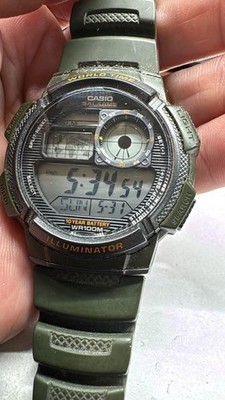 Casio AE-1000W Men's World Time Digital Sport Watch, Green Working New Batt  A20