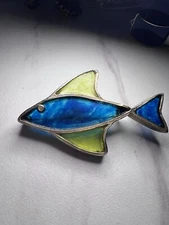 VTG Rare Signed Joy Fish Brooch Translucent Resin Plique A Jour Stained Glass