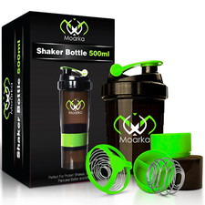 Protein Shaker Bottle With 2 Storage Containers 16 OZ Capacity (Black and Green)