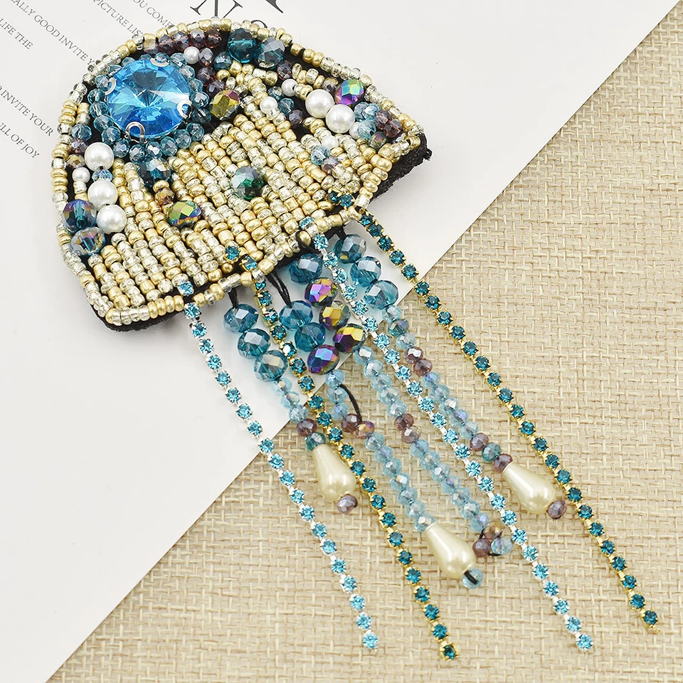 1Pc Rinestone Jellyfish Beaded Patches Applique Badge for Coat Jacket - Image 4 of 4