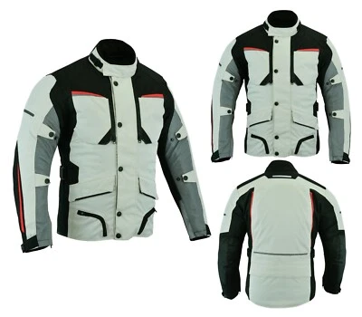 STERLING SPORTS Mens Motorbike Motorcycle Long Jacket Textile Waterproof Off White/Grey Armoured