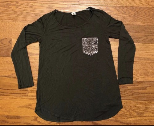 Brendas Boutique Tunic Top Green Silver Sequin Glitter Pocket Long Sleeve Medium