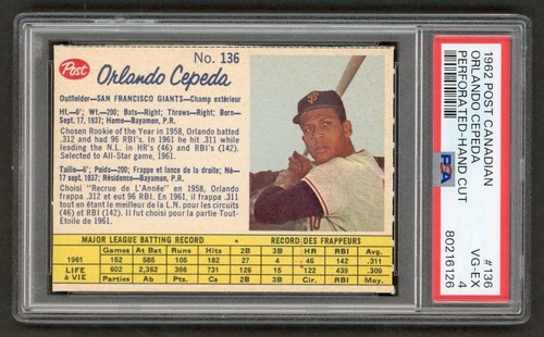 Orlando Cepeda [Hand Cut] #136 1962 Post Canadian card