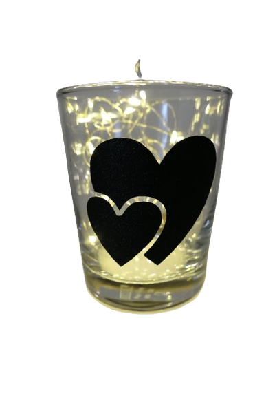 "Deko Teelicht Glas Windlicht Print \"Zwei Herzen\" Schwarz Glitzer Handmade"-image